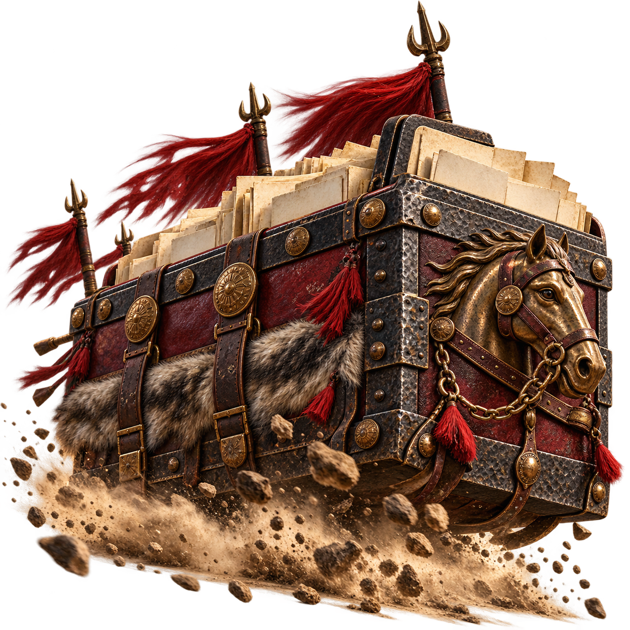 An iron-bound courier chest charging forward with files